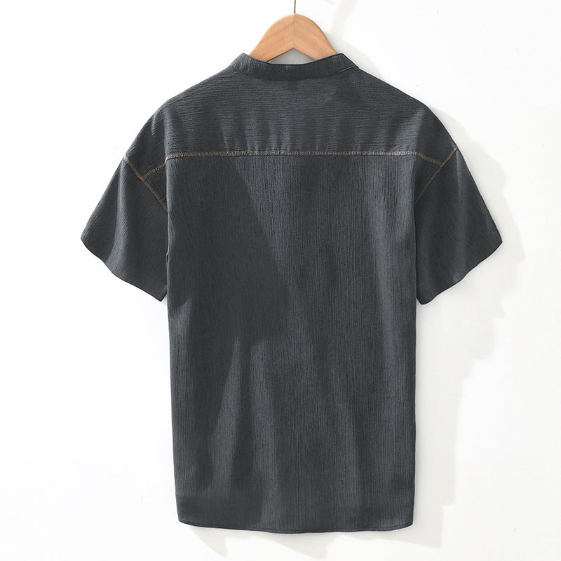 Linen Ramie Half-Open Short-Sleeved Shirt