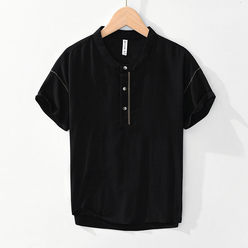 Linen Ramie Half-Open Short-Sleeved Shirt