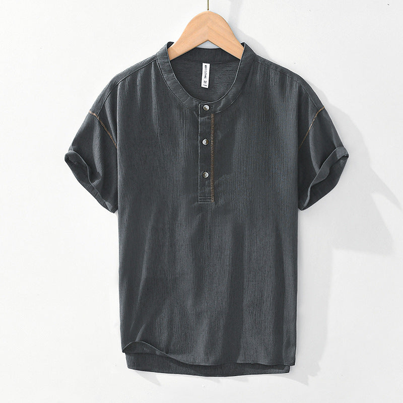 Linen Ramie Half-Open Short-Sleeved Shirt