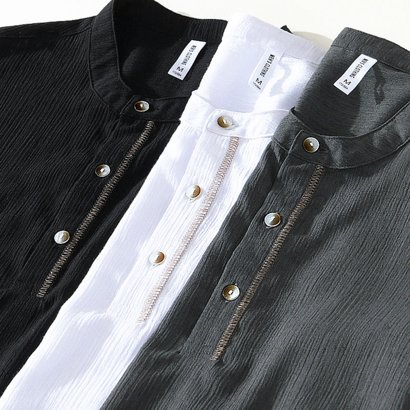 Linen Ramie Half-Open Short-Sleeved Shirt