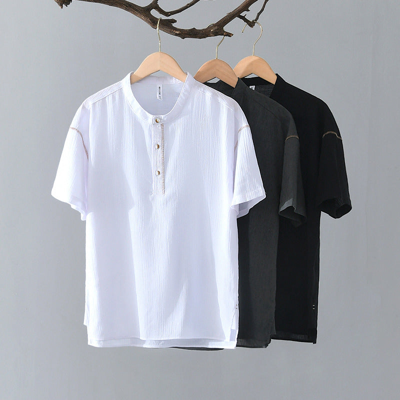 Linen Ramie Half-Open Short-Sleeved Shirt