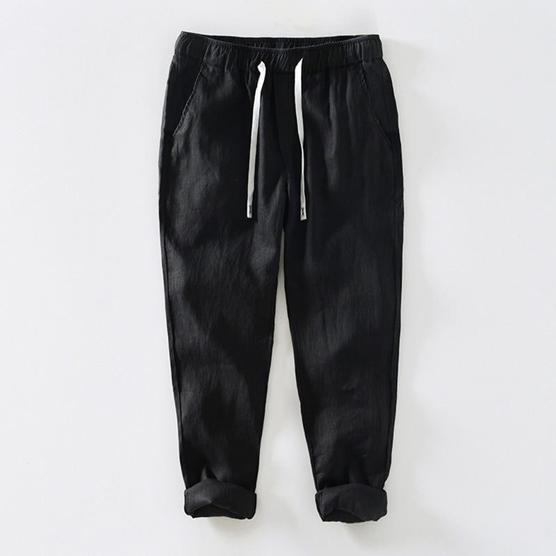 Pure Linen Plain Drawstring Casual Cropped Pants