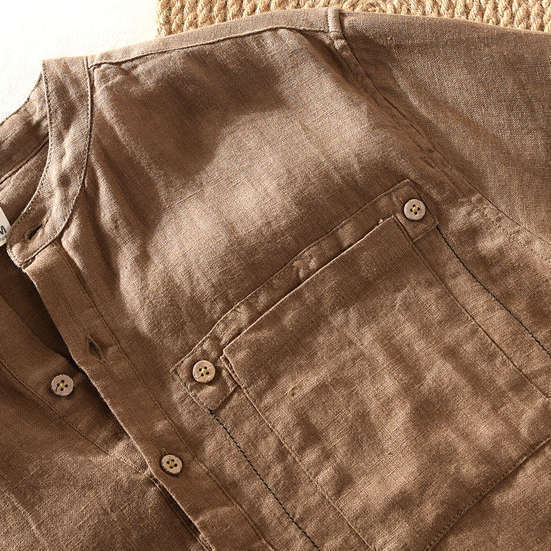 Pure Linen Stand Collar Short Sleeve Shirt