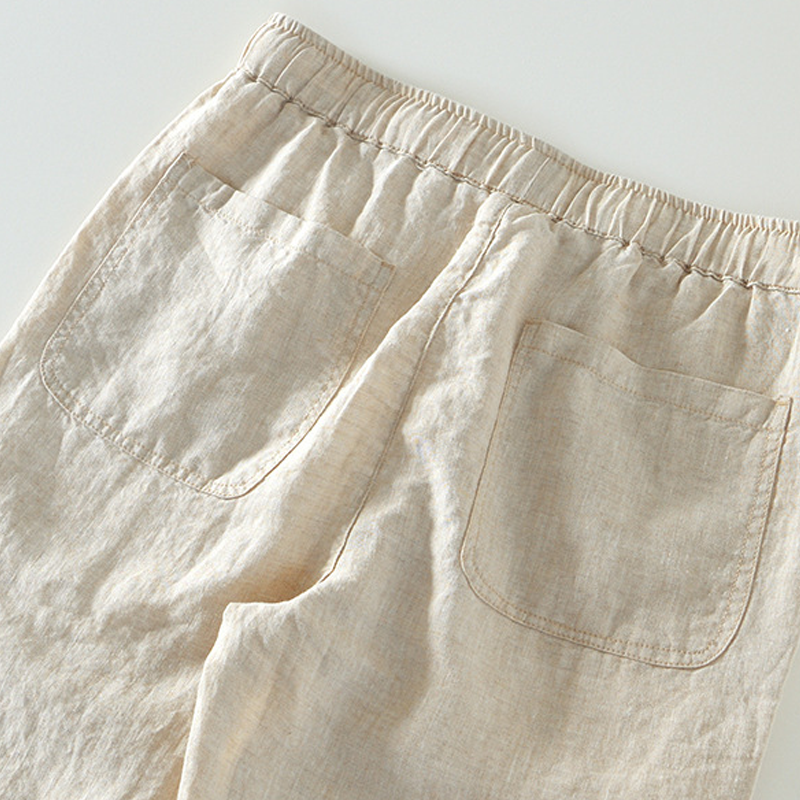 Pure Linen Plain Drawstring Casual Cropped Pants