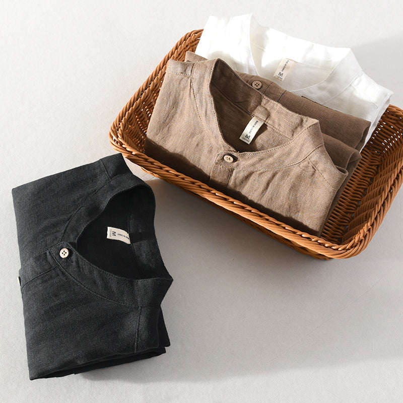 Pure Linen Stand Collar Short Sleeve Shirt