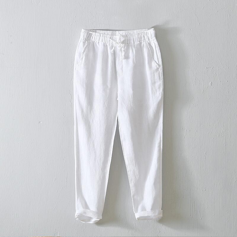 Pure Linen Plain Drawstring Casual Cropped Pants