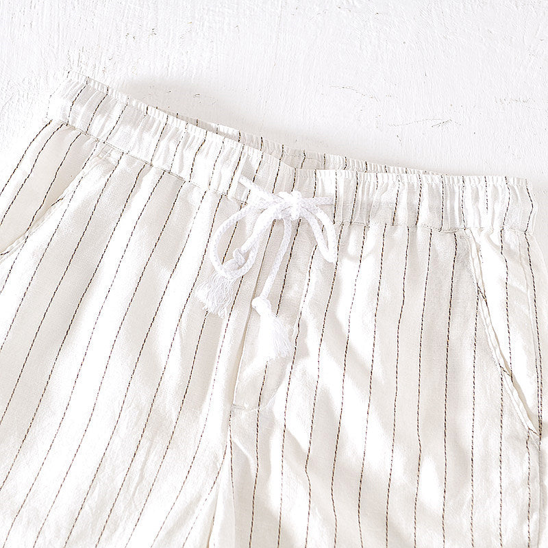 Cotton Linen Striped Drawstring Shorts