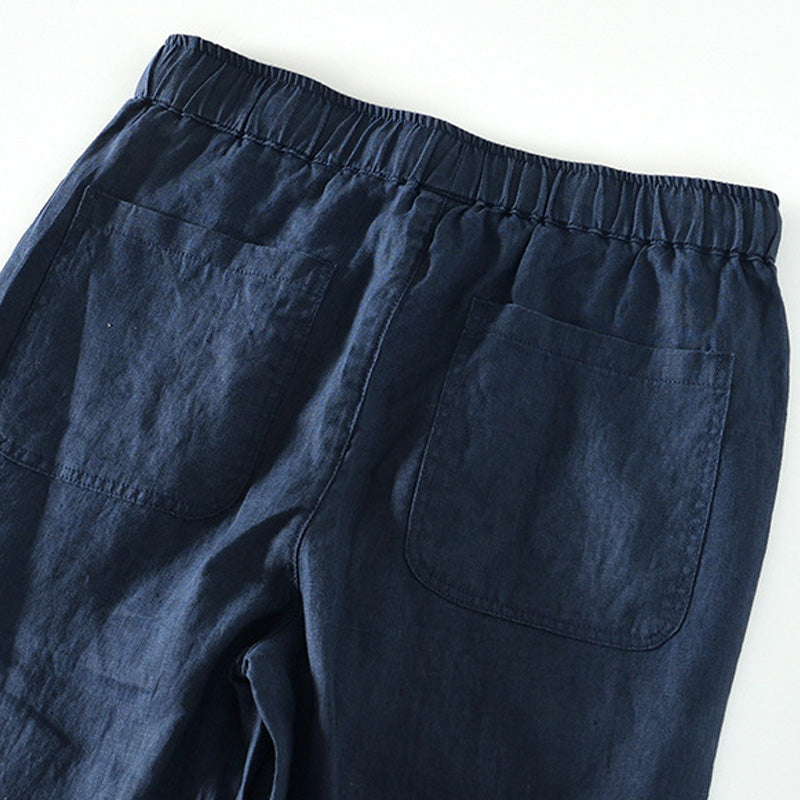 Pure Linen Plain Drawstring Casual Cropped Pants