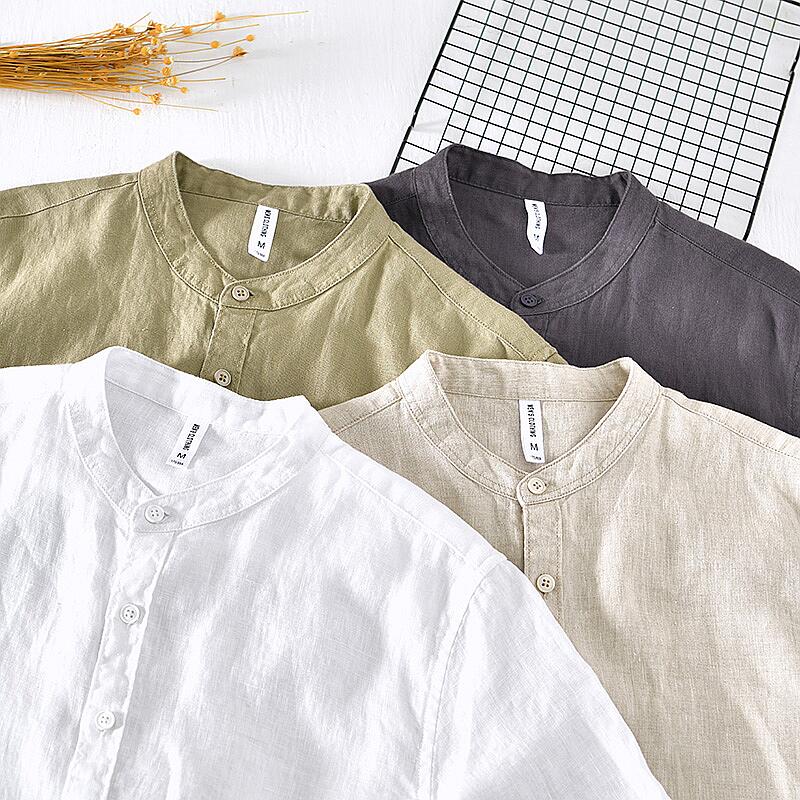Pure Linen Stand Collar Long Sleeve Shirt