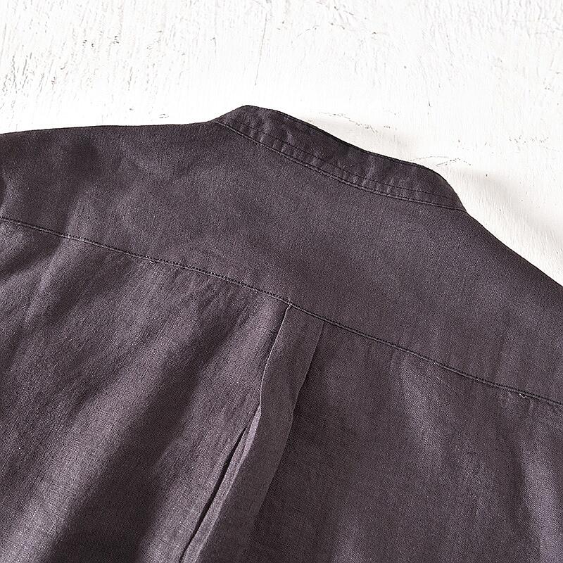 Pure Linen Stand Collar Long Sleeve Shirt