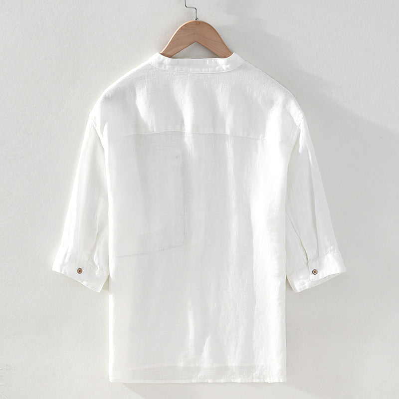 Pure Linen Stand Collar Short Sleeve Shirt