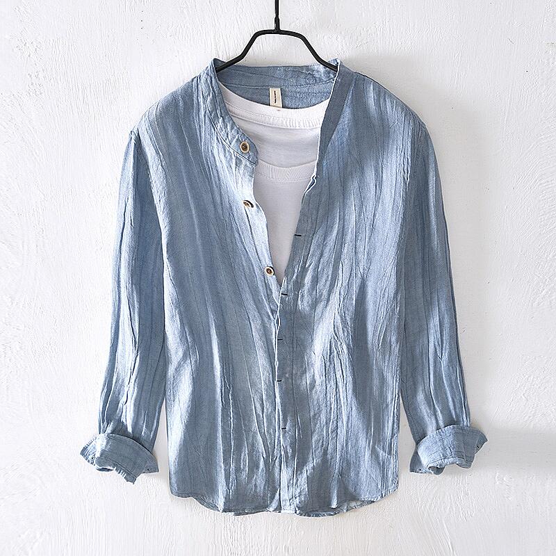 Pure Linen Stand Collar Solid Color Long Sleeve Shirt