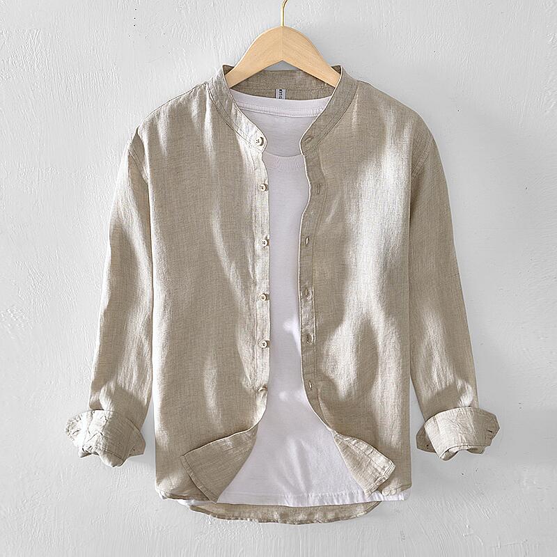 Pure Linen Stand Collar Long Sleeve Shirt