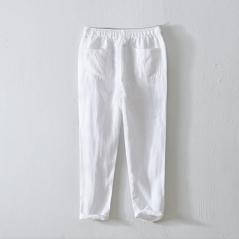 Pure Linen Plain Drawstring Casual Cropped Pants