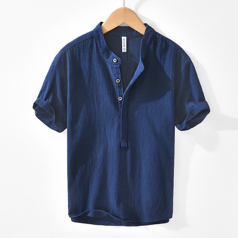 Ramie Solid Color Breathable Short Sleeve Shirt