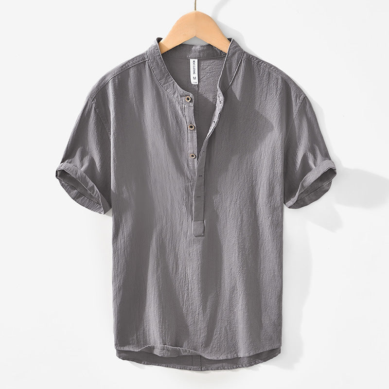 Ramie Solid Color Breathable Short Sleeve Shirt