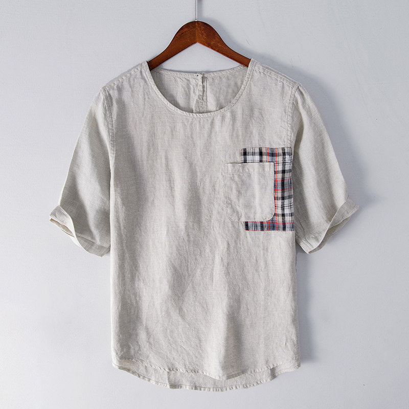 Pure Linen Round Neck Check Short Sleeve Shirt