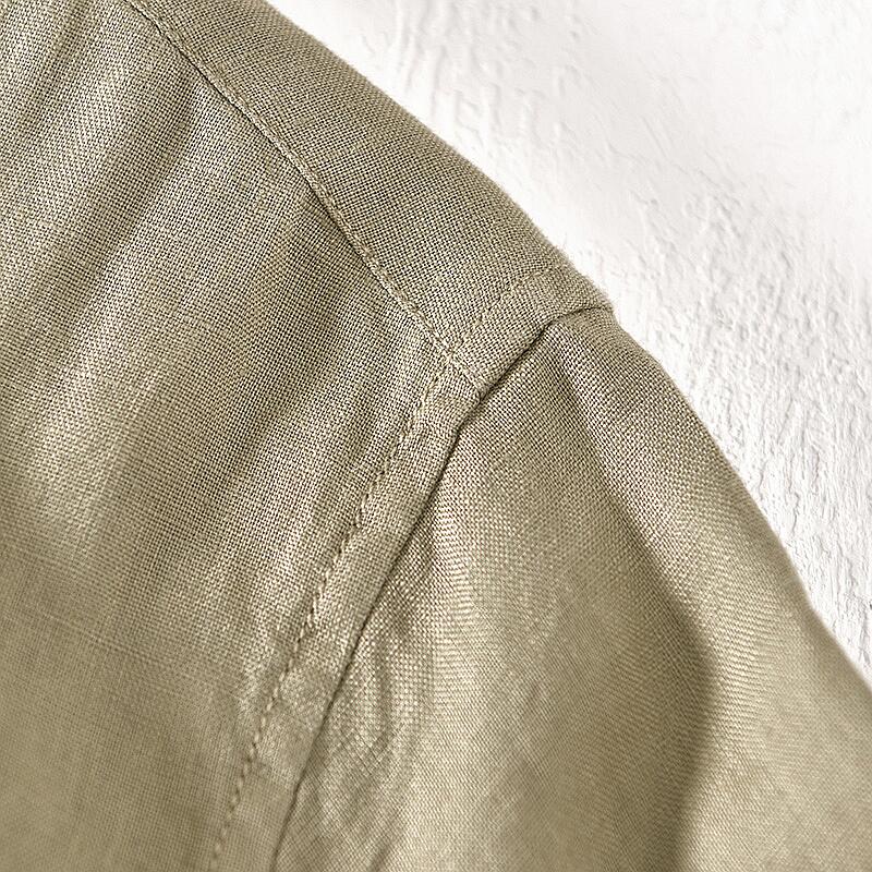 Pure Linen Stand Collar Long Sleeve Shirt