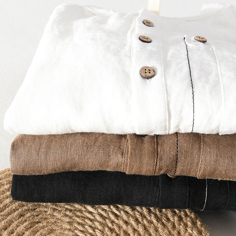 Pure Linen Stand Collar Short Sleeve Shirt